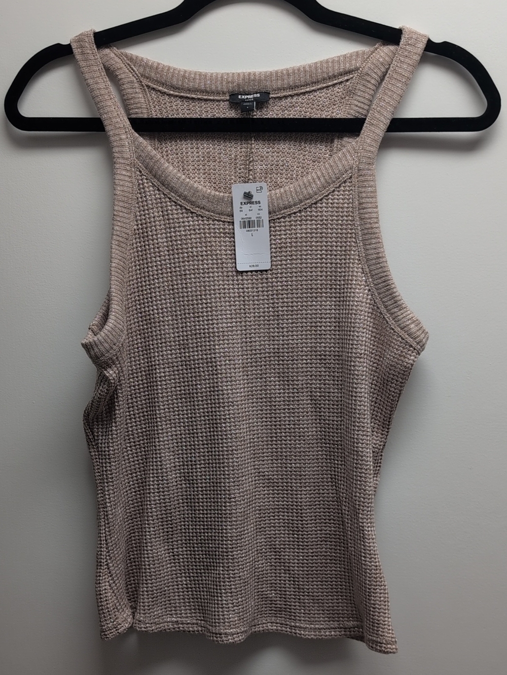 Express Women's Waffle Knit Tank Top - Light Taupe Glitter Size L